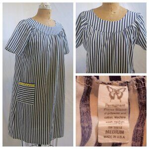 vtg 60s 70s Mod Blue White Stripe House Lounge Dress Muu Muu Caftan M USA Hippie